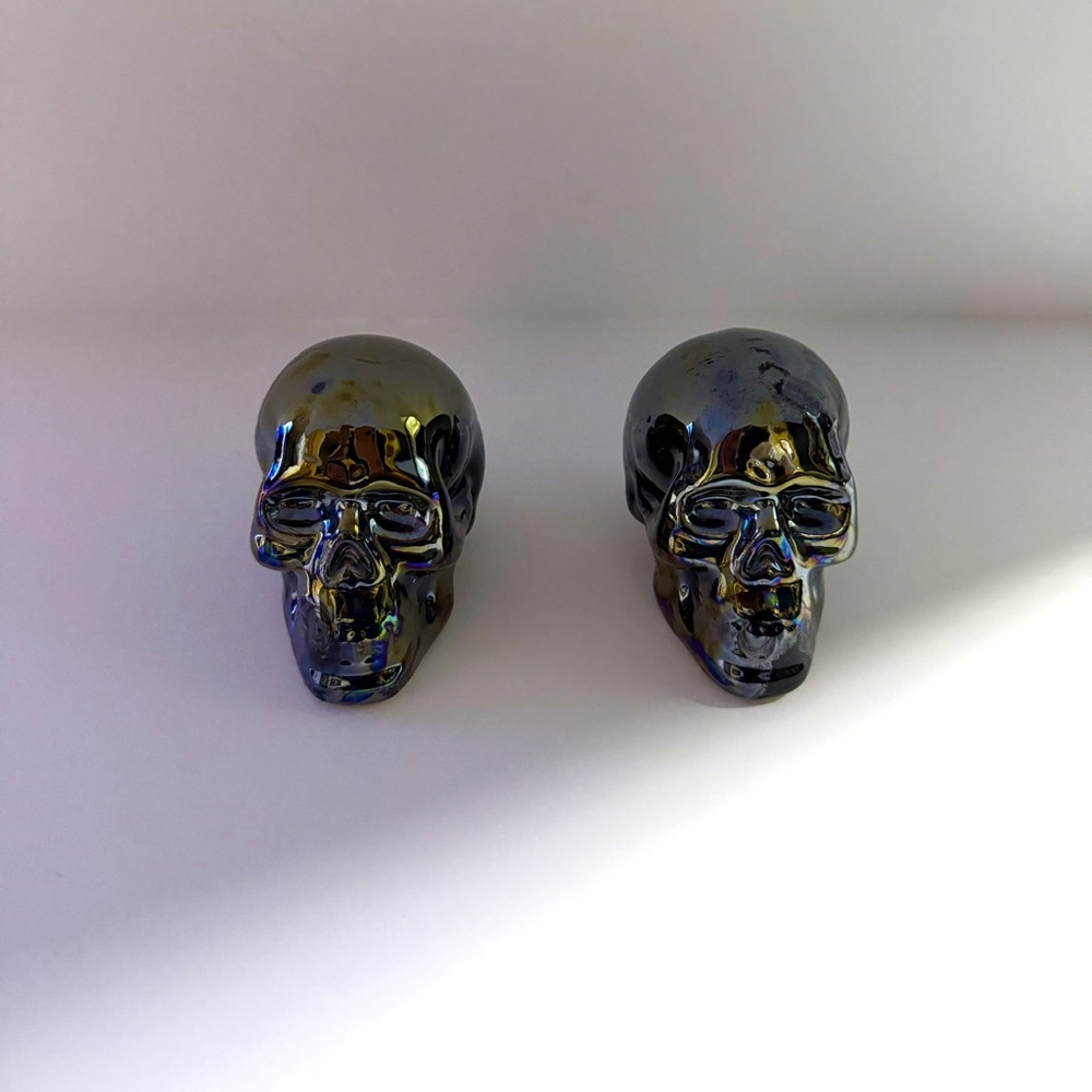 Iridescent Glass Skull Salt and Pepper Shakers - Black with Rainbow Sheen